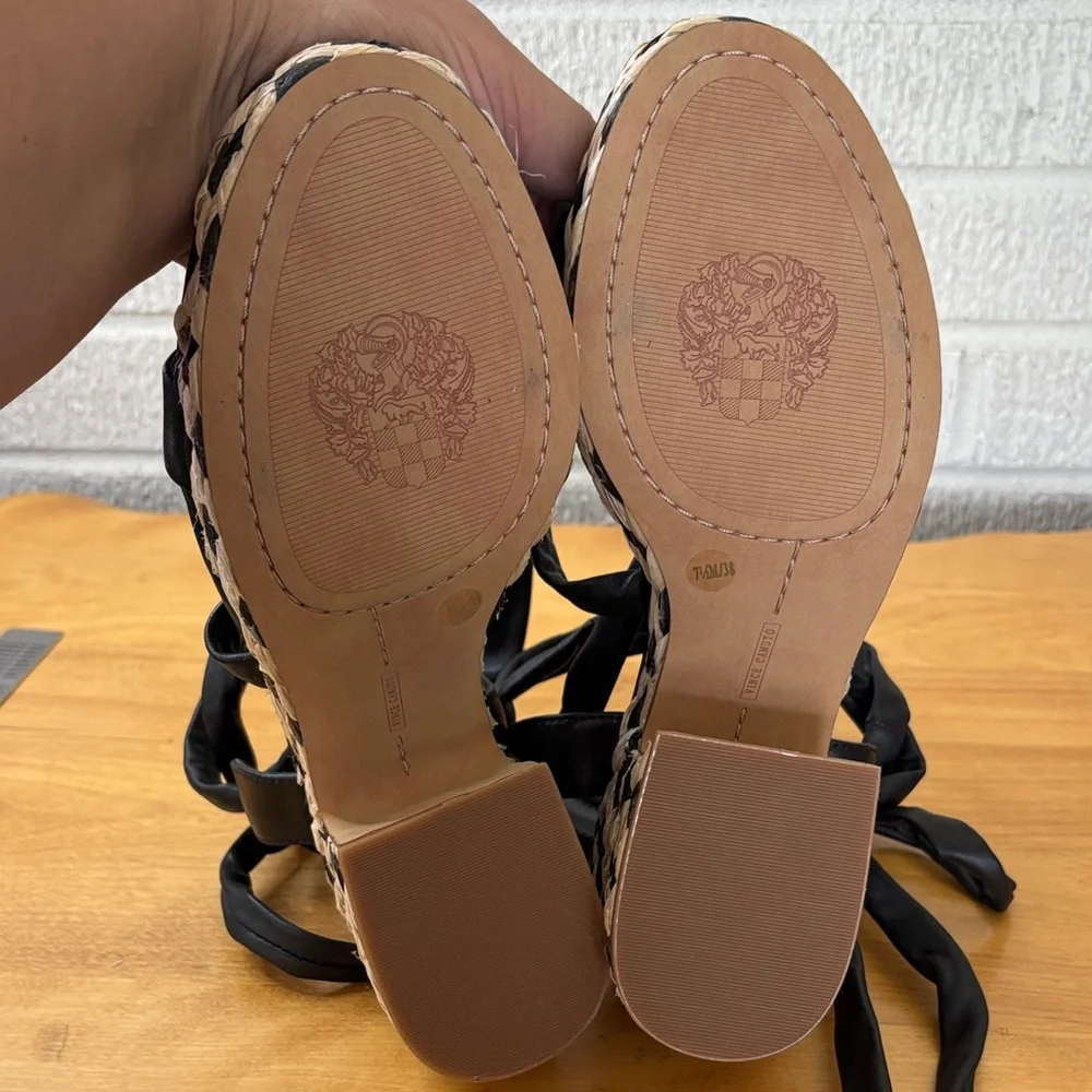 Vince Camuto Roreka Black Leather Platform Strappy Sandals Size 7.5 Raffia Heel